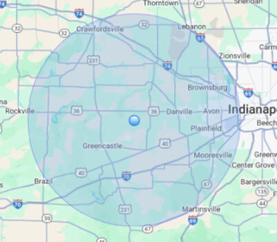 Service area map showing mobile notary and loan signing coverage in Danville, Greencastle, Crawfordsville, Plainfield, Avon, Brownsburg, Mooresville.
