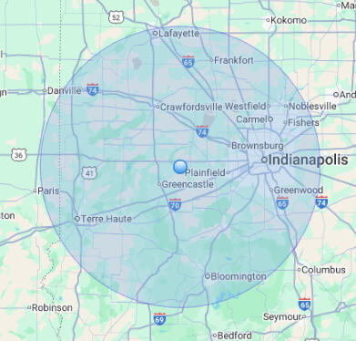 Service area map showing full service area for after hours mobile notary and loan signing services, including Terre Haute, Bloomington, and Lafayette.